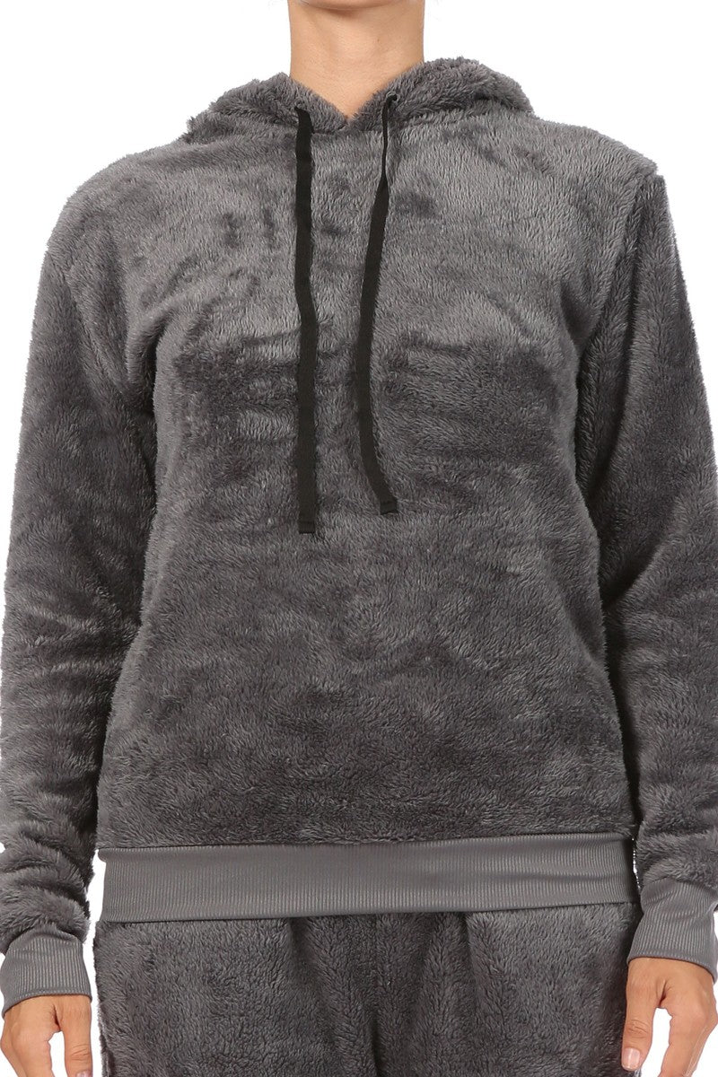 Wholesale Womens 2-Piece Fur Pullover Hoodie + Joggers Set - Grey