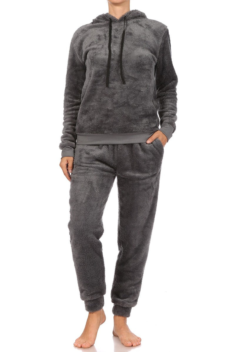 Wholesale Womens 2-Piece Fur Pullover Hoodie + Joggers Set - Grey