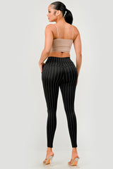 Wholesale Womens High Waist Sculpting Treggings With Front Pockets - Black, White Stripe Print