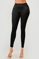 Wholesale Womens High Waist Sculpting Treggings With Front Pockets - Black, White Stripe Print