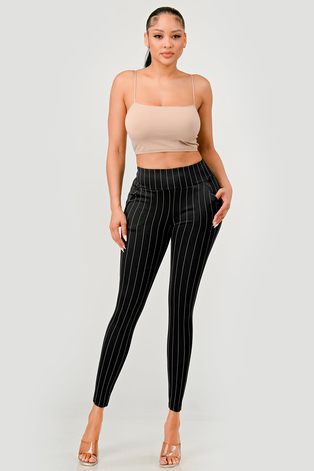 Wholesale Womens High Waist Sculpting Treggings With Front Pockets - Black, White Stripe Print