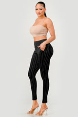 Wholesale Womens High Waist Sculpting Treggings With Front Pockets - Black, White Stripe Print