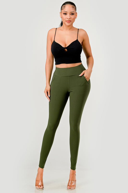 Wholesale Womens High Waist Sculpting Treggings With Front Pockets - Rifle Green