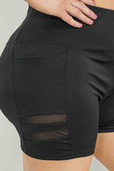 Wholesale Plus Size Womens High Waist Biker Shorts With Side Mesh & Pockets - Black