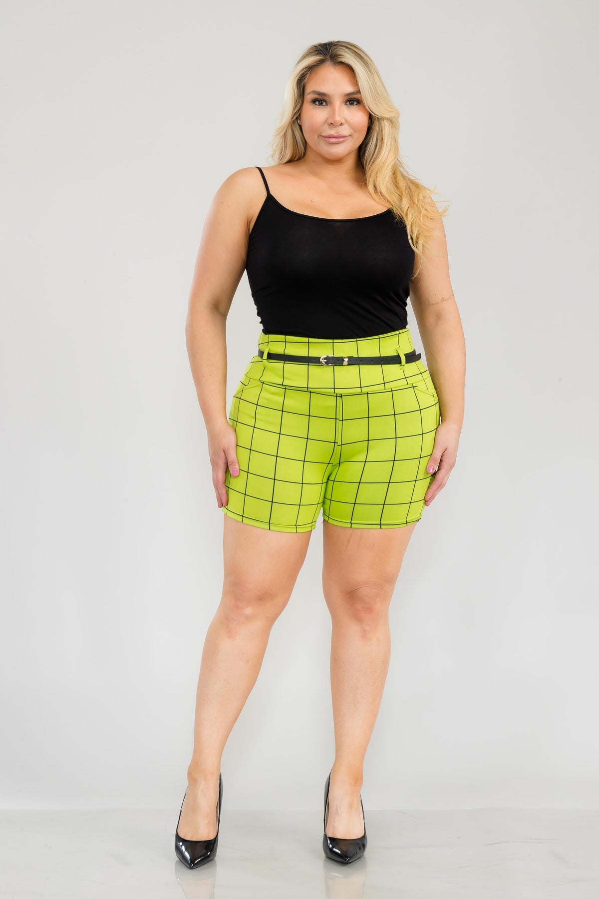 Wholesale Womens Plus Size High Waist Sculpting Shorts With Faux Leather Belt - Green, Black Plaid