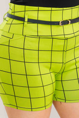 Wholesale Womens Plus Size High Waist Sculpting Shorts With Faux Leather Belt - Green, Black Plaid