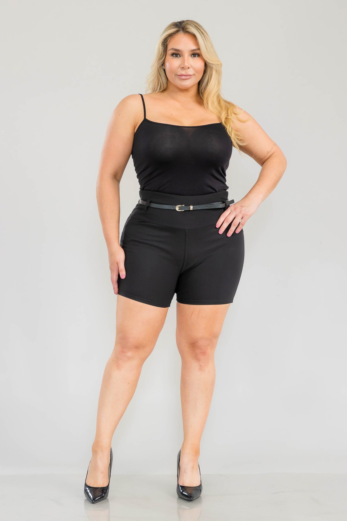 Wholesale Womens Plus Size High Waist Sculpting Shorts With Faux Leather Belt - Black