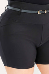 Wholesale Womens Plus Size High Waist Sculpting Shorts With Faux Leather Belt - Black