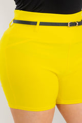 Wholesale Womens Plus Size High Waist Sculpting Shorts With Faux Leather Belt - Yellow