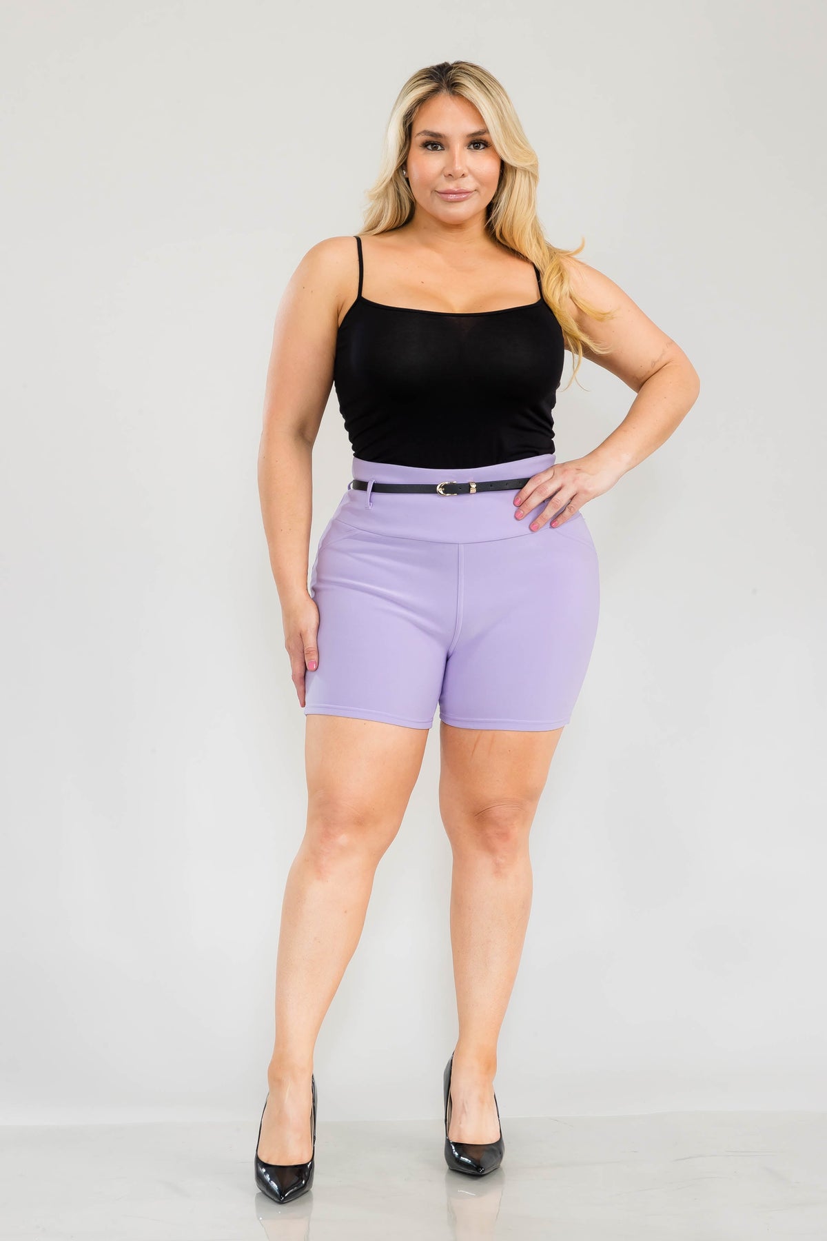 Wholesale Womens Plus Size High Waist Sculpting Shorts With Faux Leather Belt - Purple Rose