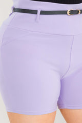 Wholesale Womens Plus Size High Waist Sculpting Shorts With Faux Leather Belt - Purple Rose