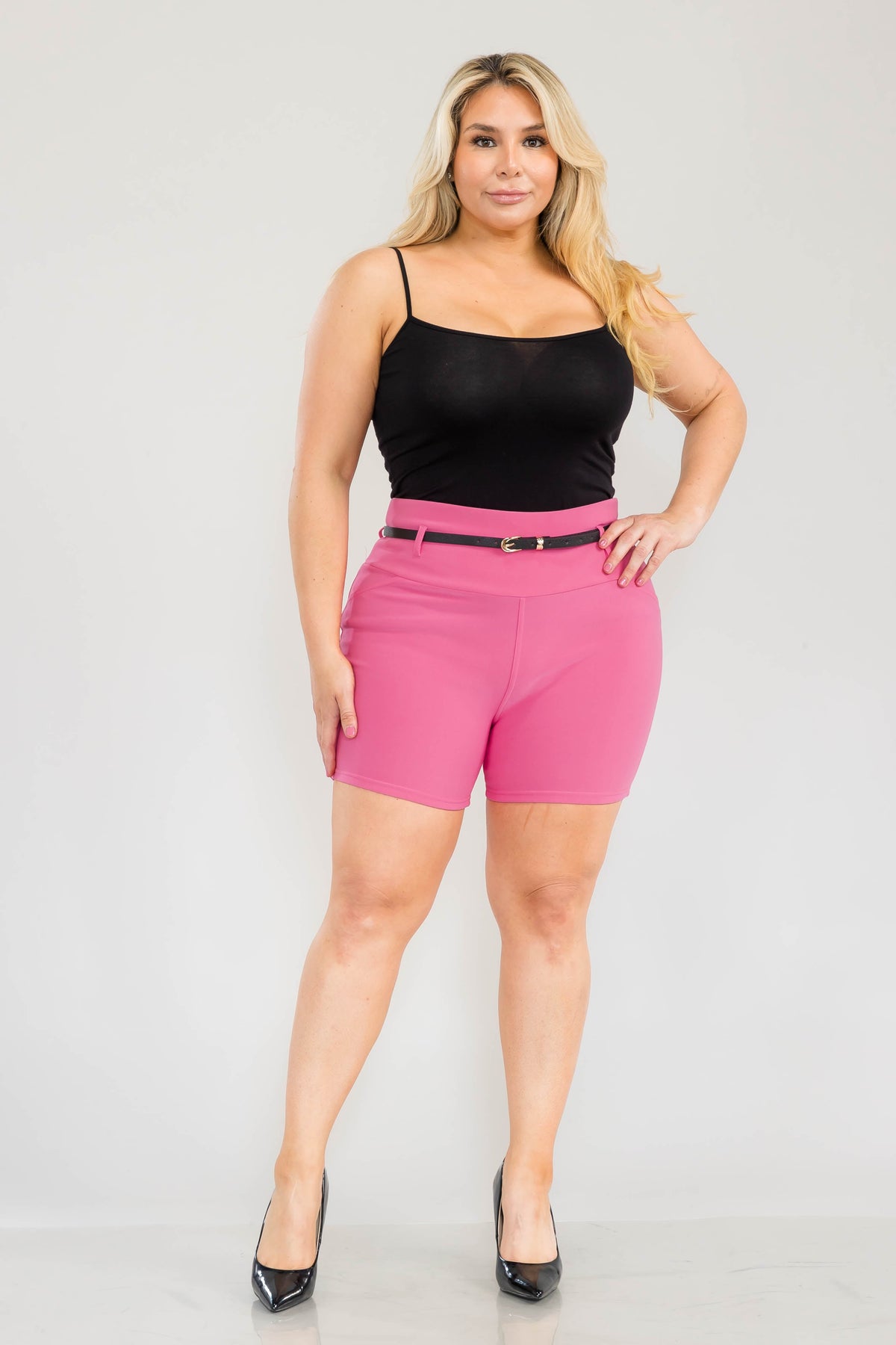 Wholesale Womens Plus Size High Waist Sculpting Shorts With Faux Leather Belt - Sangria Sunset