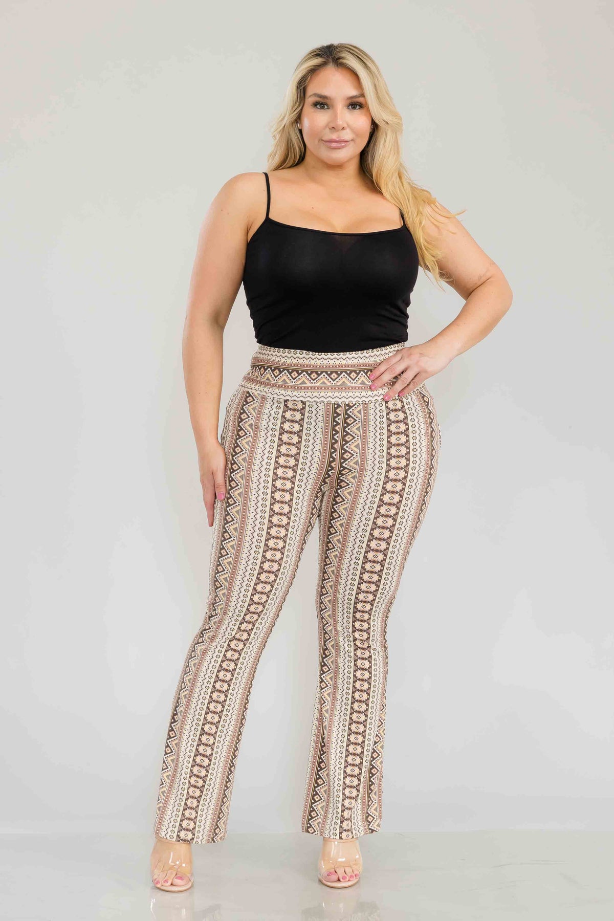 Wholesale Womens Plus Size High Waist Printed Soft Brushed Flare Pants - Cream, Brown Tribal