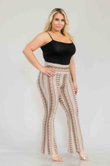 Wholesale Womens Plus Size High Waist Printed Soft Brushed Flare Pants - Cream, Brown Tribal