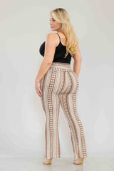 Wholesale Womens Plus Size High Waist Printed Soft Brushed Flare Pants - Cream, Brown Tribal