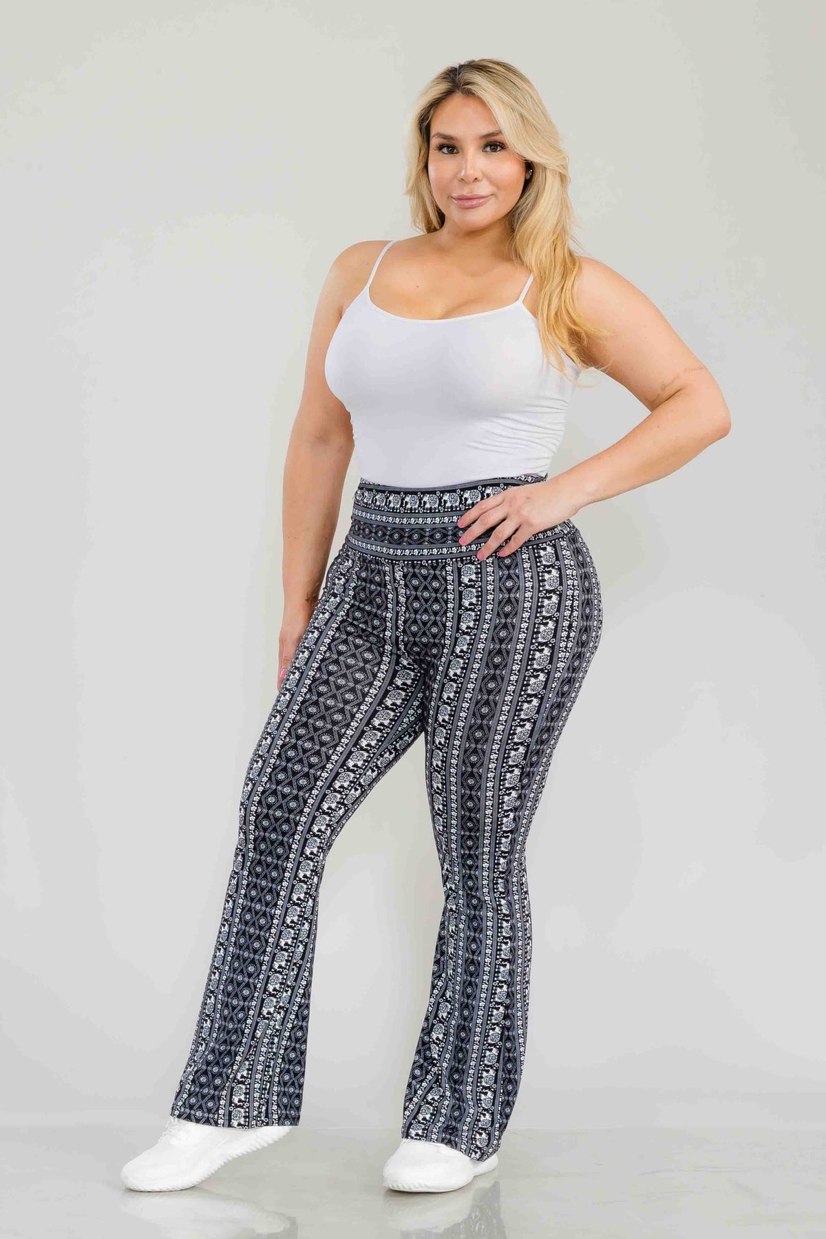 Wholesale Womens Plus Size High Waist Printed Soft Brushed Flare Pants - Black, White Elephant Boho