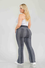 Wholesale Womens Plus Size High Waist Printed Soft Brushed Flare Pants - Black, White Elephant Boho