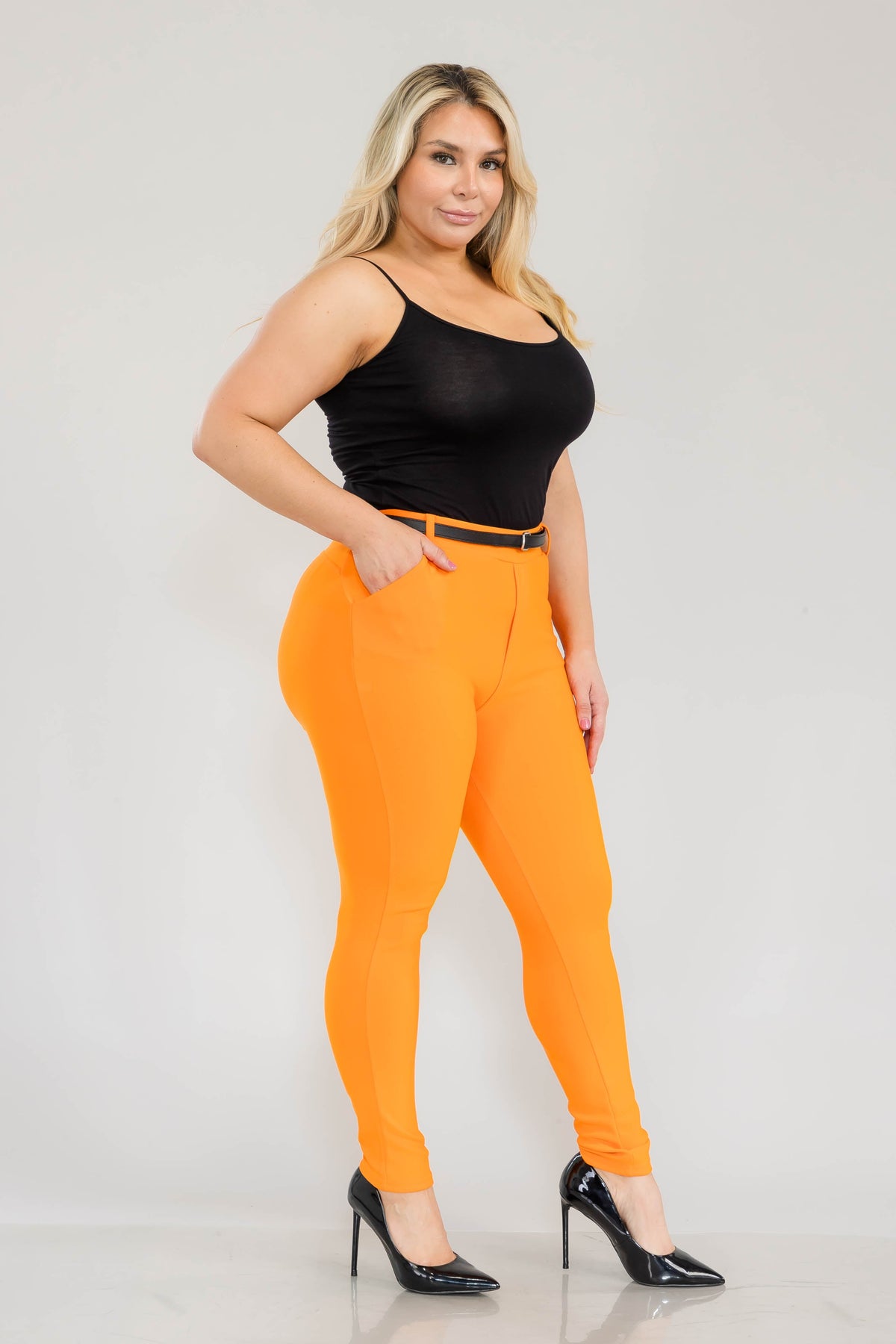 Wholesale Womens Plus Size Sculpting Treggings With Faux Leather Belt - Orange