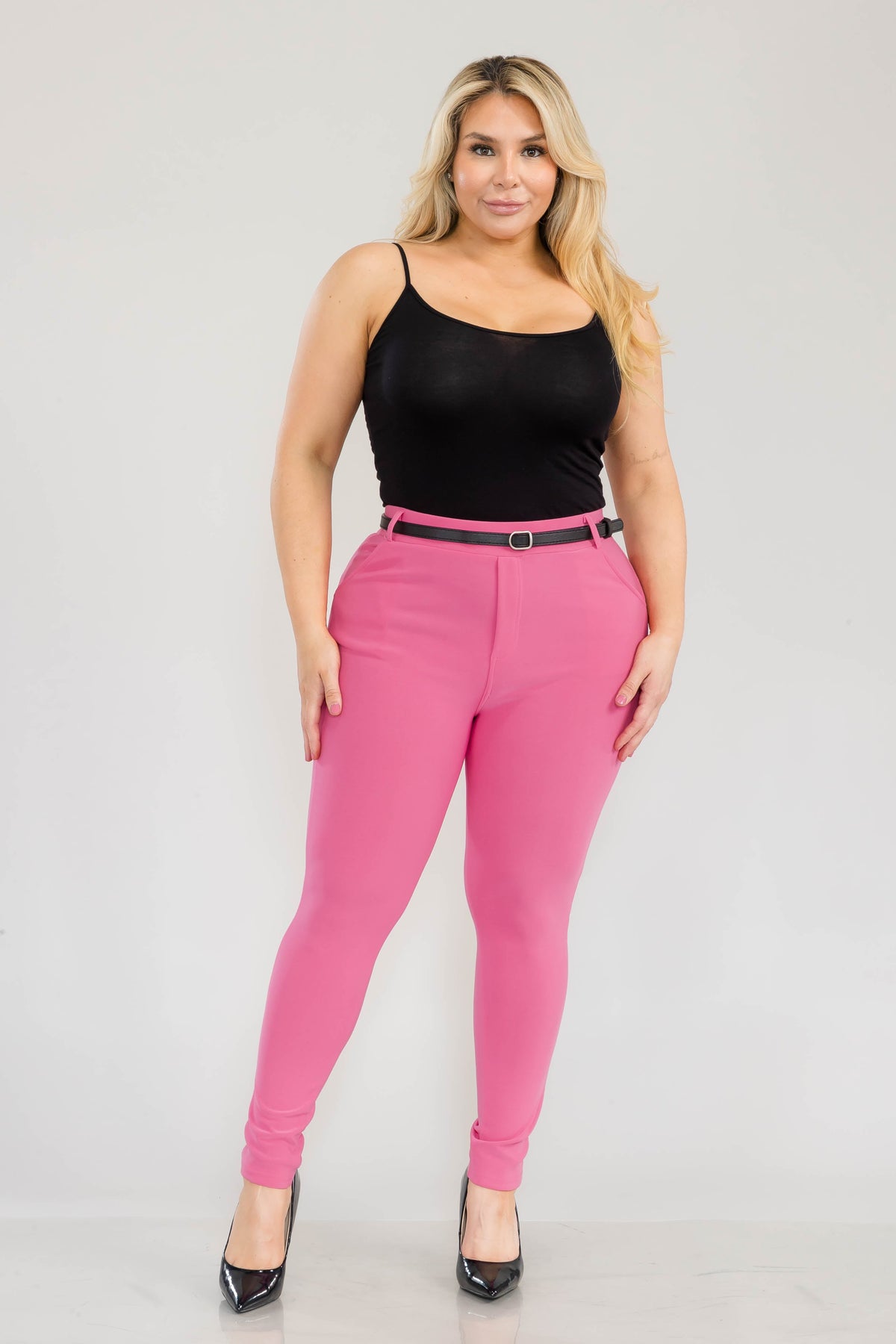 Wholesale Womens Plus Size Sculpting Treggings With Faux Leather Belt - Sangria Sunset