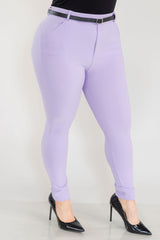 Wholesale Womens Plus Size Sculpting Treggings With Faux Leather Belt - Purple Rose