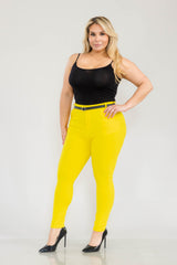 Wholesale Womens Plus Size Sculpting Treggings With Faux Leather Belt - Yellow