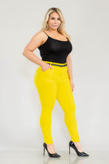 Wholesale Womens Plus Size Sculpting Treggings With Faux Leather Belt - Yellow