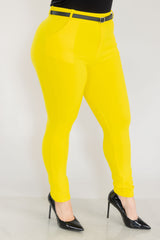 Wholesale Womens Plus Size Sculpting Treggings With Faux Leather Belt - Yellow