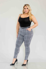 Wholesale Womens Plus Size Sculpting Treggings With Faux Leather Belt - Black, White, Mauve Plaid