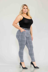 Wholesale Womens Plus Size Sculpting Treggings With Faux Leather Belt - Black, White, Mauve Plaid