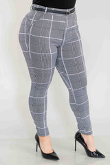 Wholesale Womens Plus Size Sculpting Treggings With Faux Leather Belt - Black, White, Mauve Plaid