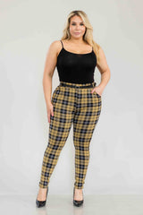 Wholesale Womens Plus Size Sculpting Treggings With Faux Leather Belt - Yellow, Black, White Plaid