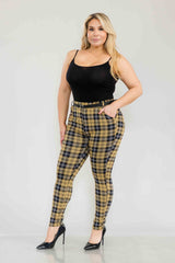 Wholesale Womens Plus Size Sculpting Treggings With Faux Leather Belt - Yellow, Black, White Plaid