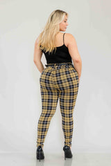 Wholesale Womens Plus Size Sculpting Treggings With Faux Leather Belt - Yellow, Black, White Plaid