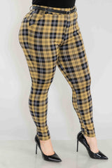 Wholesale Womens Plus Size Sculpting Treggings With Faux Leather Belt - Yellow, Black, White Plaid