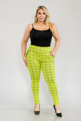 Wholesale Womens Plus Size Treggings With Zipper Pocket Trim - Black, Green Plaid