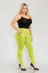 Wholesale Womens Plus Size Treggings With Zipper Pocket Trim - Black, Green Plaid