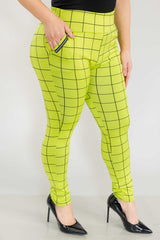 Wholesale Womens Plus Size Treggings With Zipper Pocket Trim - Black, Green Plaid