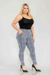 Wholesale Womens Plus Size Treggings With Zipper Pocket Trim - Black, White, Mauve Plaid