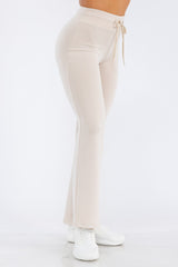 Wholesale Womens Buttery Soft Drawstring Waist Flare Pants - Almond Milk