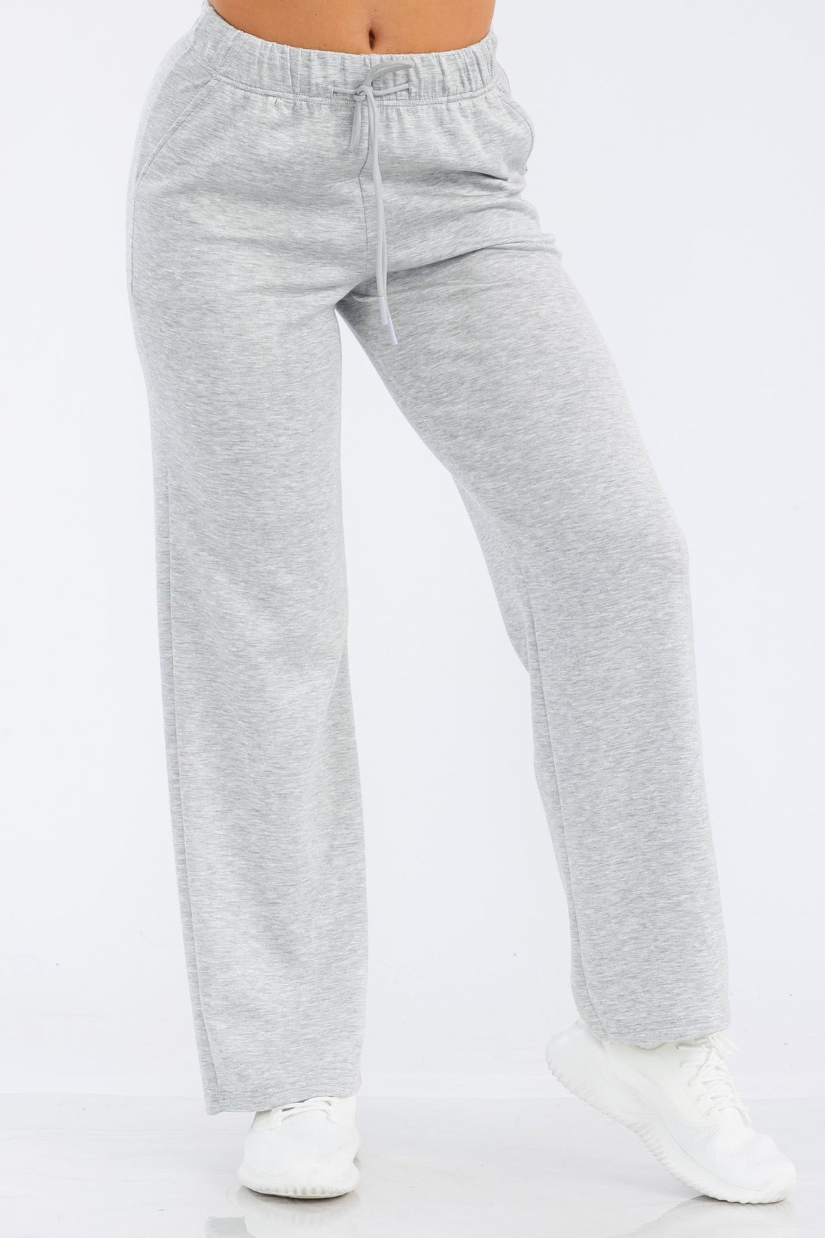 Wholesale Womens Drawstring Waist Straight Leg Pants With Back Pocket - Light Gray