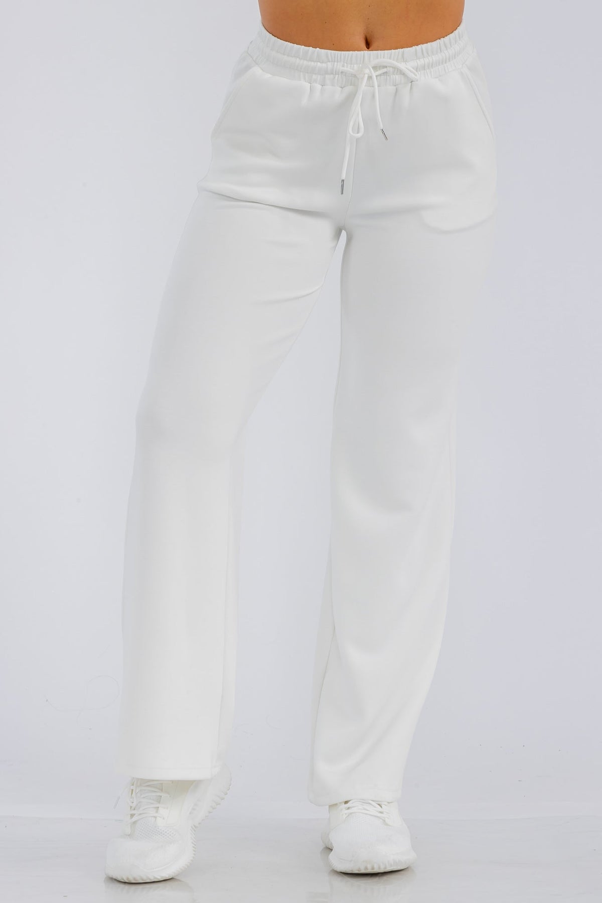 Wholesale Womens Soft Drawstring Waist Straight Leg Pants - Blonc