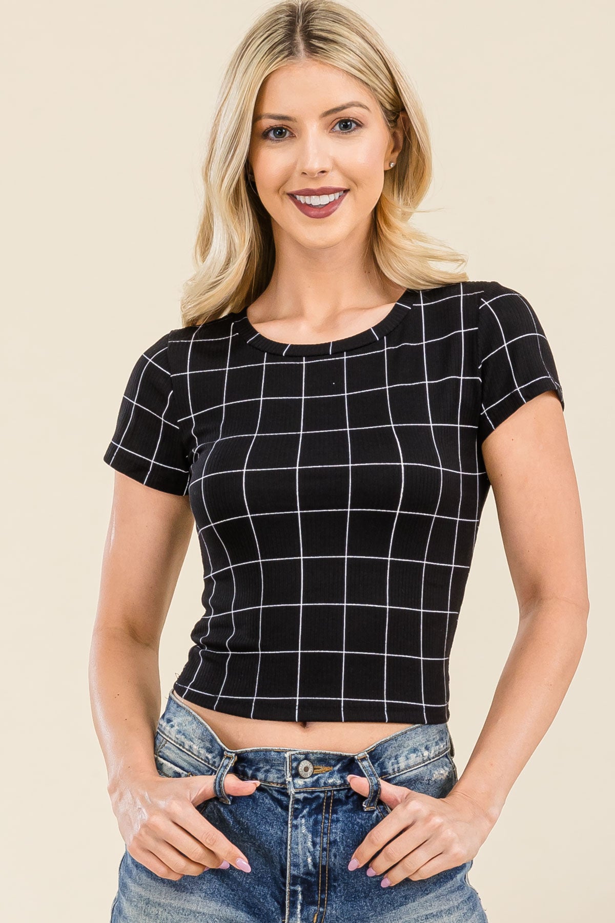 Wholesale Womens Rib Knit Short Sleeve Tops - Black, White Plaid