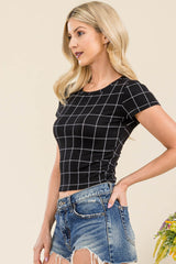 Wholesale Womens Rib Knit Short Sleeve Tops - Black, White Plaid