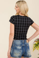 Wholesale Womens Rib Knit Short Sleeve Tops - Black, White Plaid