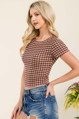 Wholesale Womens Rib Knit Short Sleeve Tops - Brown, Taupe Houndstooth