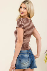 Wholesale Womens Rib Knit Short Sleeve Tops - Brown, Taupe Houndstooth