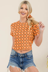 Wholesale Womens Crop Rib Knit Short Sleeve Tops With Matching Scrunchie - Orange, Brown Geometric