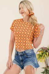 Wholesale Womens Crop Rib Knit Short Sleeve Tops With Matching Scrunchie - Orange, Brown Geometric