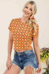 Wholesale Womens Crop Rib Knit Short Sleeve Tops With Matching Scrunchie - Orange, Brown Geometric