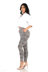 Wholesale Womens High Waist Sculpting Treggings With Front Pockets - Khaki, White, Black Plaid